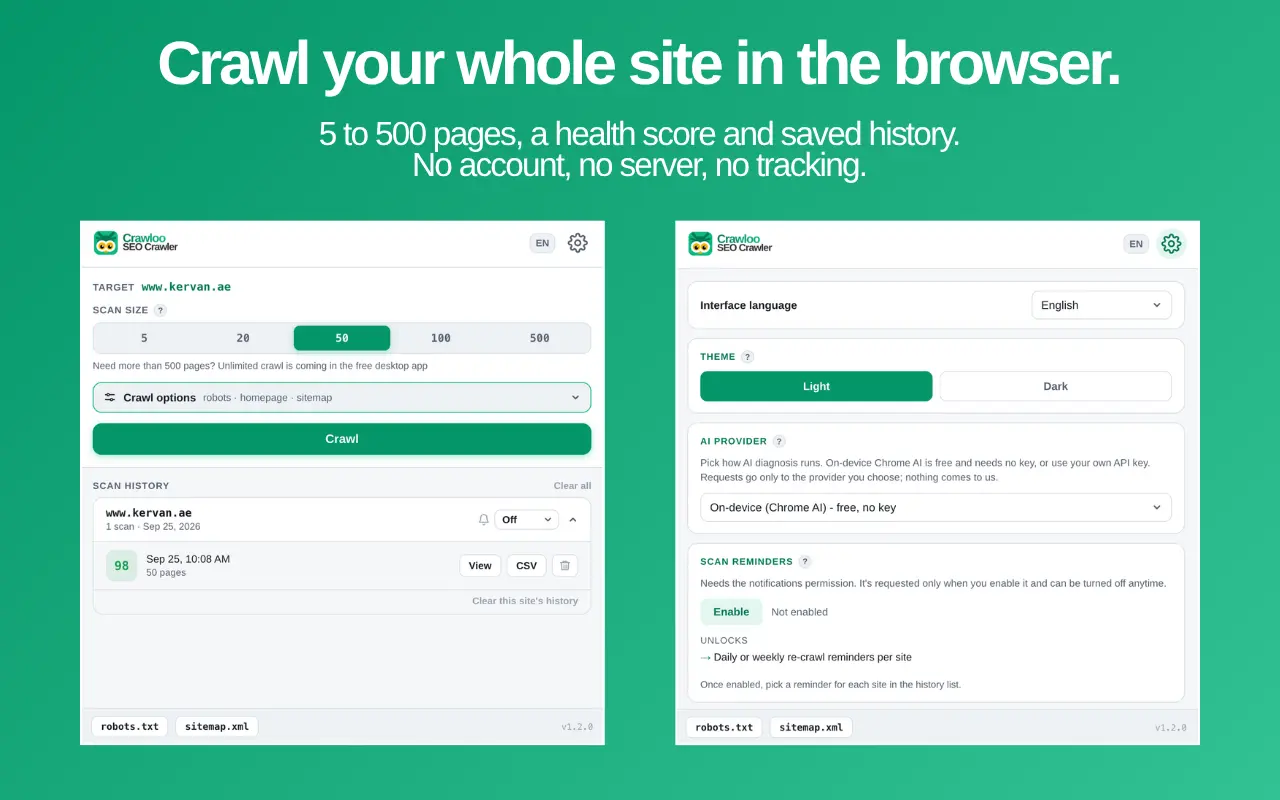 Crawloo popup with scan size, crawl options and scan history, next to the settings panel